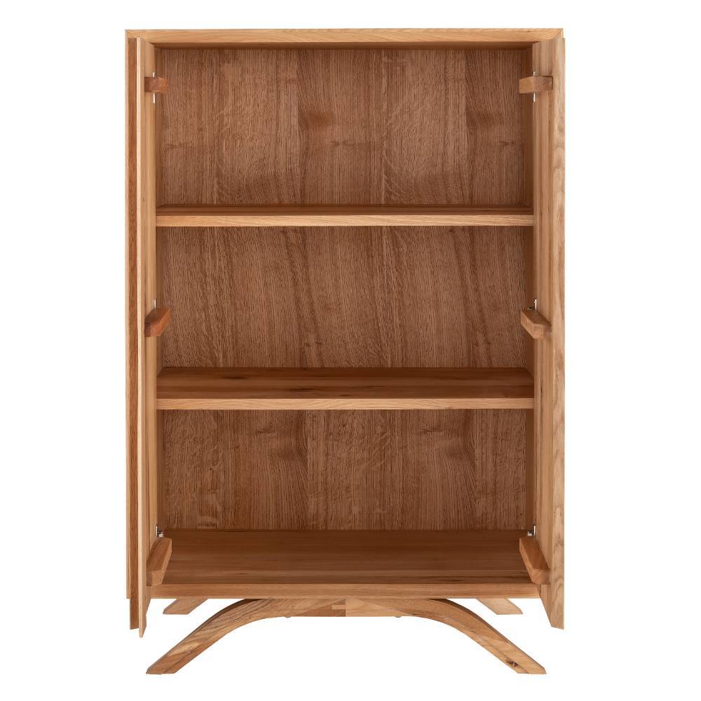 Wildeiche Highboard mit offenen Türen und drei Ablagefächern – Fredellia