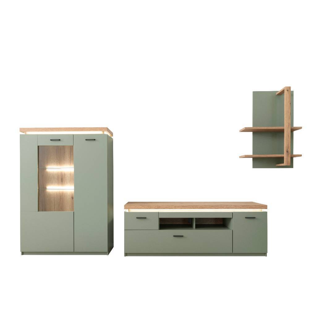 Design Wohnwand in Graugrün und Eiche - Kwin (dreiteilig)