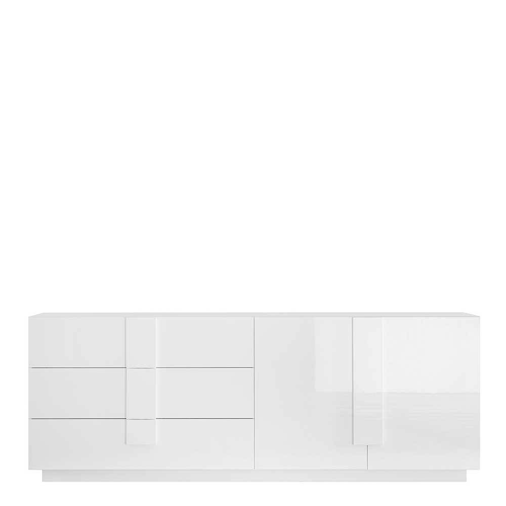 Freigestelltes weißes Hochglanz-Sideboard für das Wohnzimmer mit Staufächern – Kerym