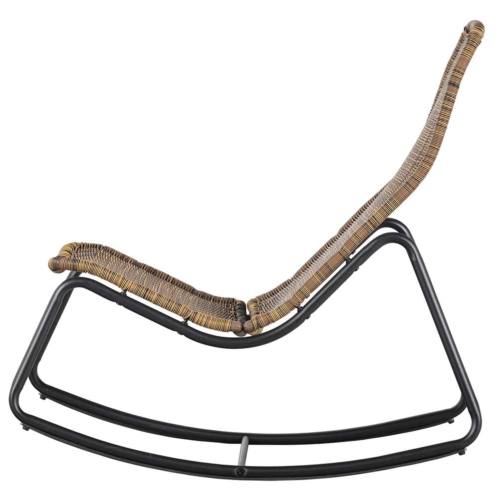 Skandi Schaukelstuhl braun mit schwarzem Metallgestell von der Seite ohne Armlehnen – Lucia