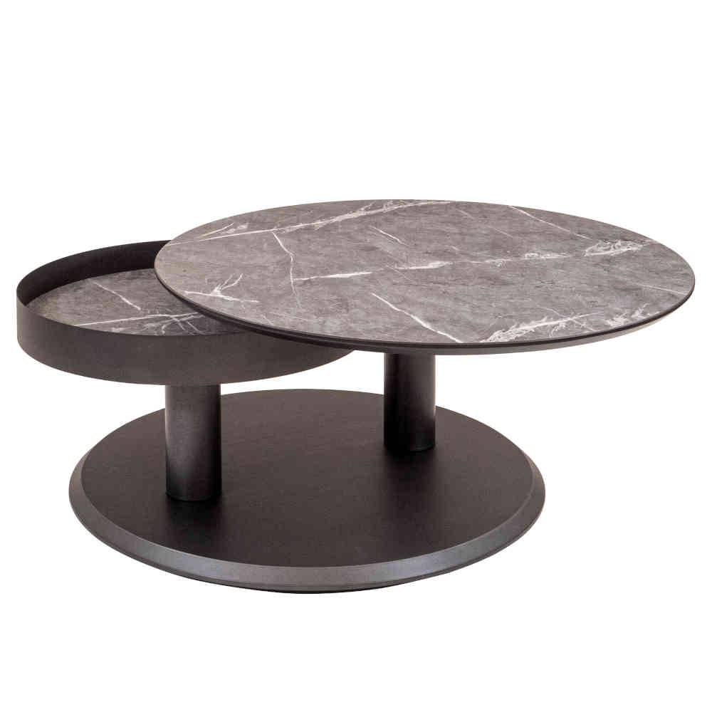 Moderner Couchtisch mit zwei drehbaren Platten in grauem Marmor-Design und Metallfuß – Lachea