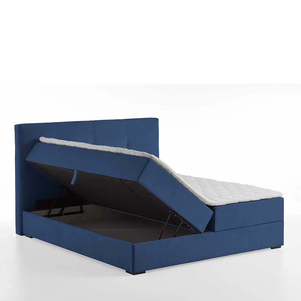 Blaues Stauraumbett mit 118cm hohem Kopfteil - Remilia