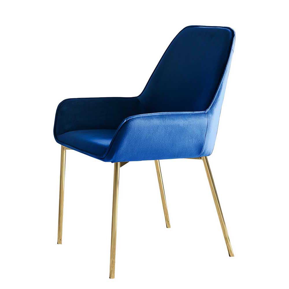 Komfortabler blauer Samt Esszimmerstuhl mit goldenen Beinen im Retro-Design – Angora