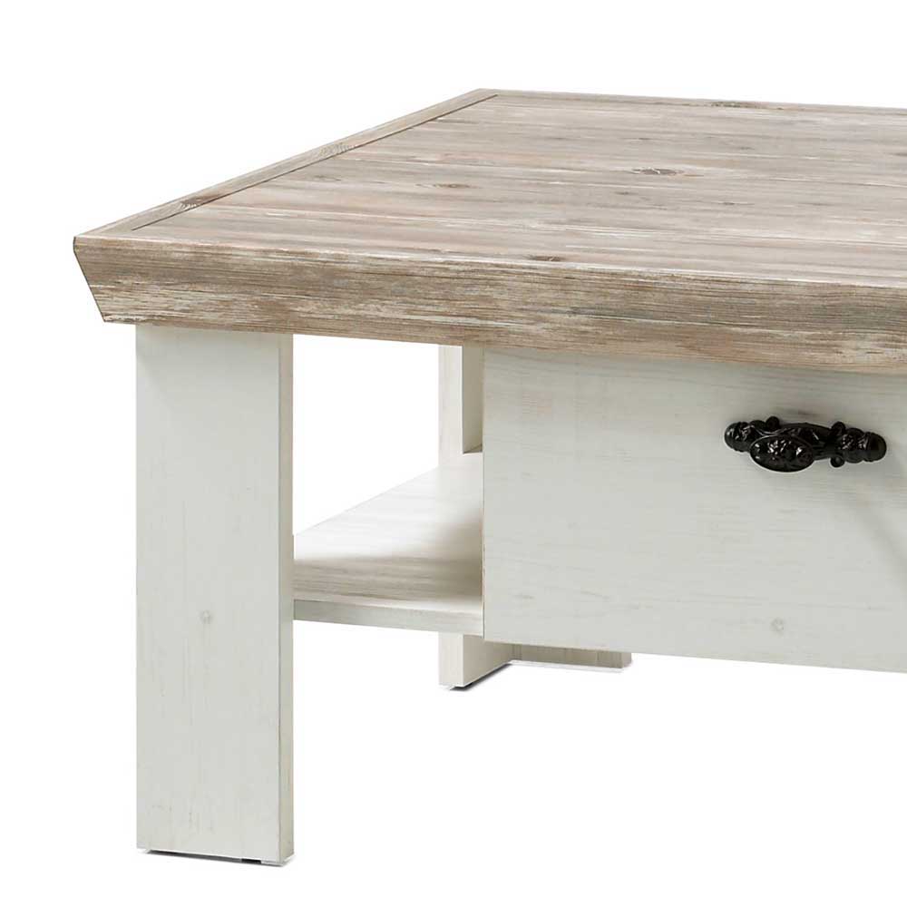 Scandi Landhaus Sofatisch mit 2 Schubladen Nedita in Weiß & Pinie Shabby