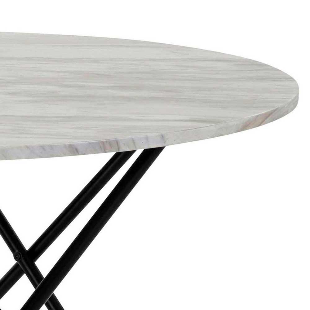 Runde Tischplatte in Marmor Optik mit feiner Maserung und schwarzem Metallgestell Detail 
– Gullit