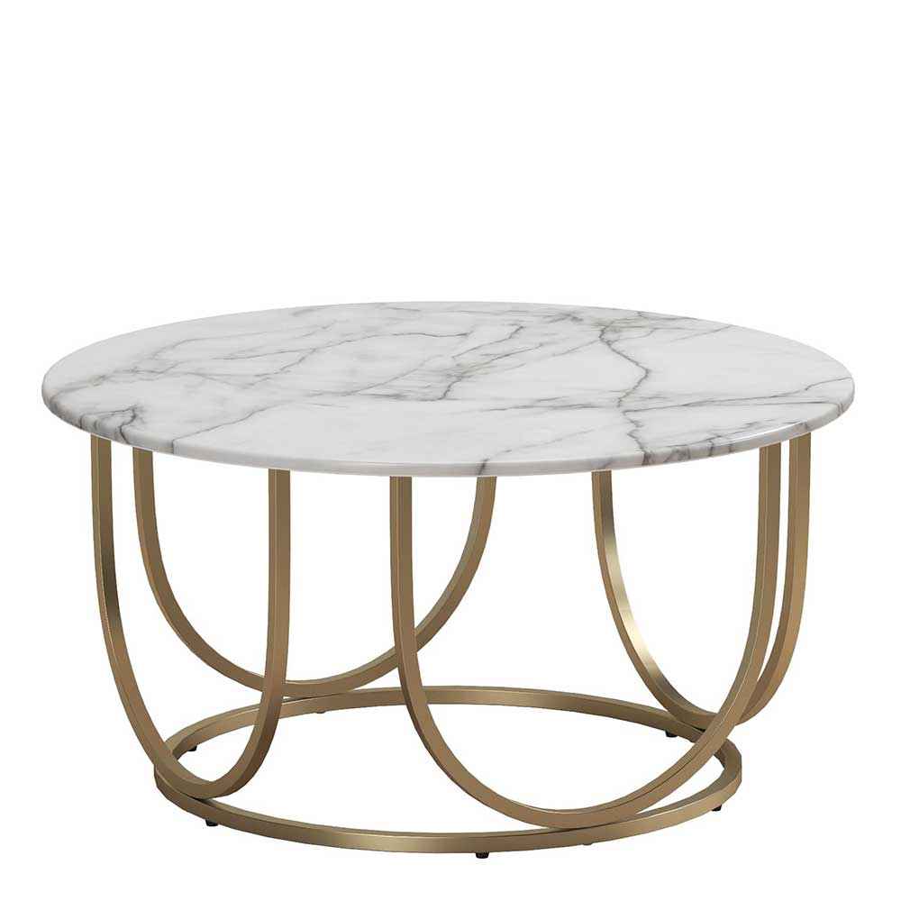Eleganter Couchtisch im Marmor-Look mit runder Platte und auffälligem goldfarbenem Metallgestell – Molisea