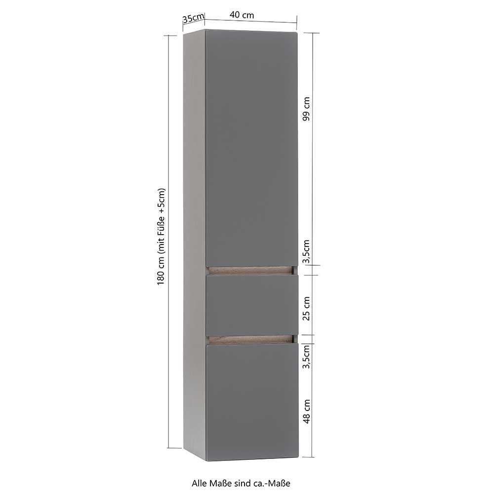 40x185x35 Bad Hochschrank in Grau mit Wildeiche - Agiruan
