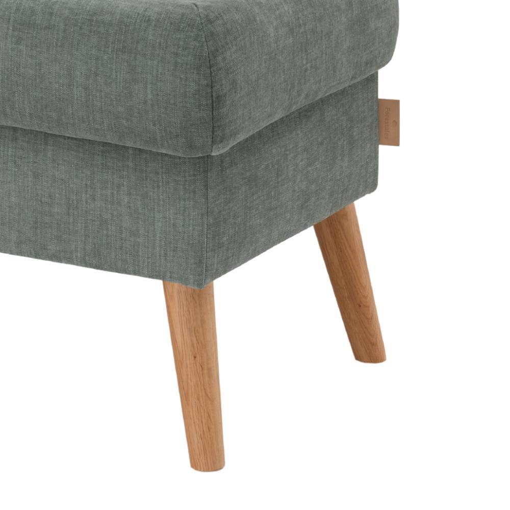 Hocker mit konischen Füßen aus Wildeiche und graugrünem Stoffbezug – Lephanta