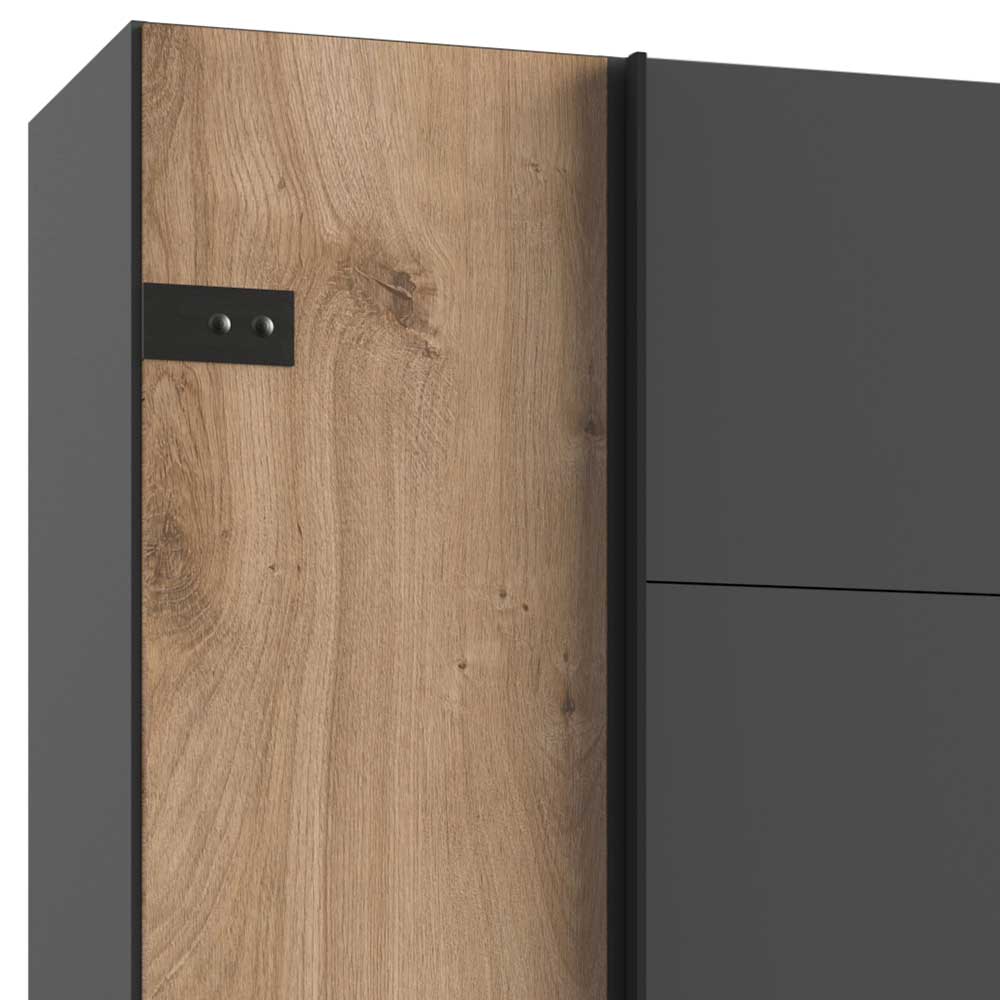 Holztür mit dunklem Metallbeschlag am modernen Schlafzimmerschrank in Anthrazit und Holzoptik – Enegal