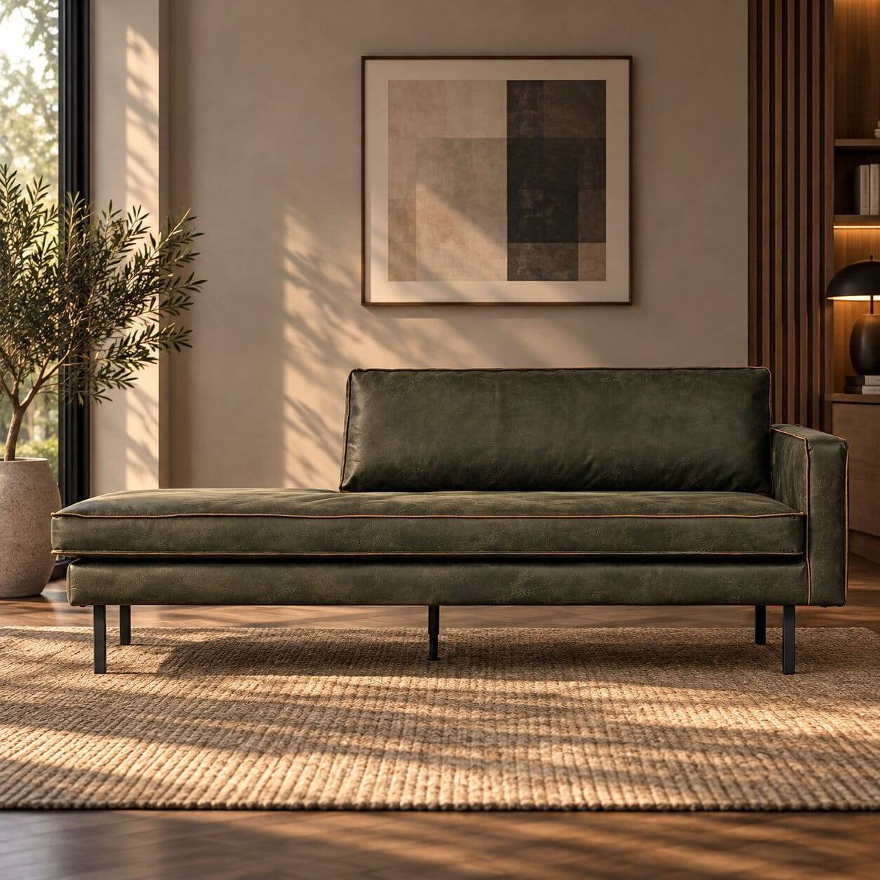 Olivgrüne Recyclingleder Couch mit Chaiselongue für das Wohnzimmer – Antalio