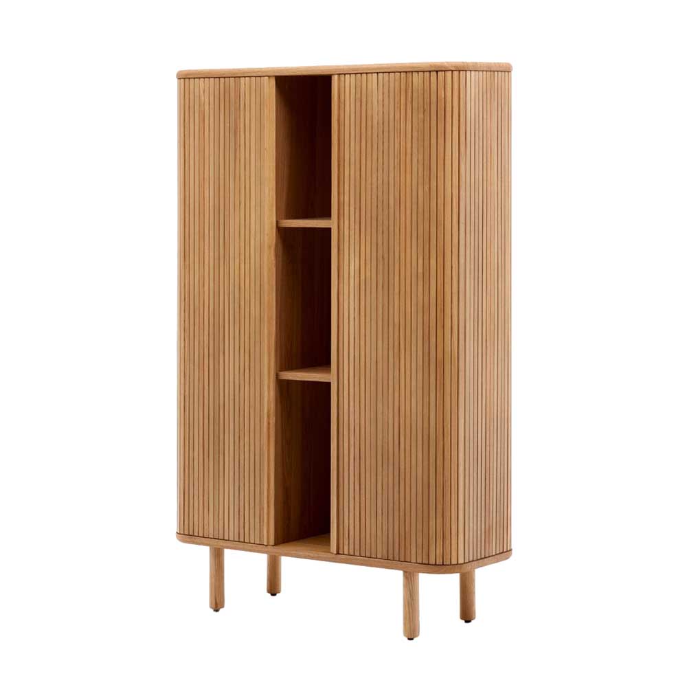 Holz Highboard mit zwei Lamellen-Schiebetüren halb geschlossen – Calming