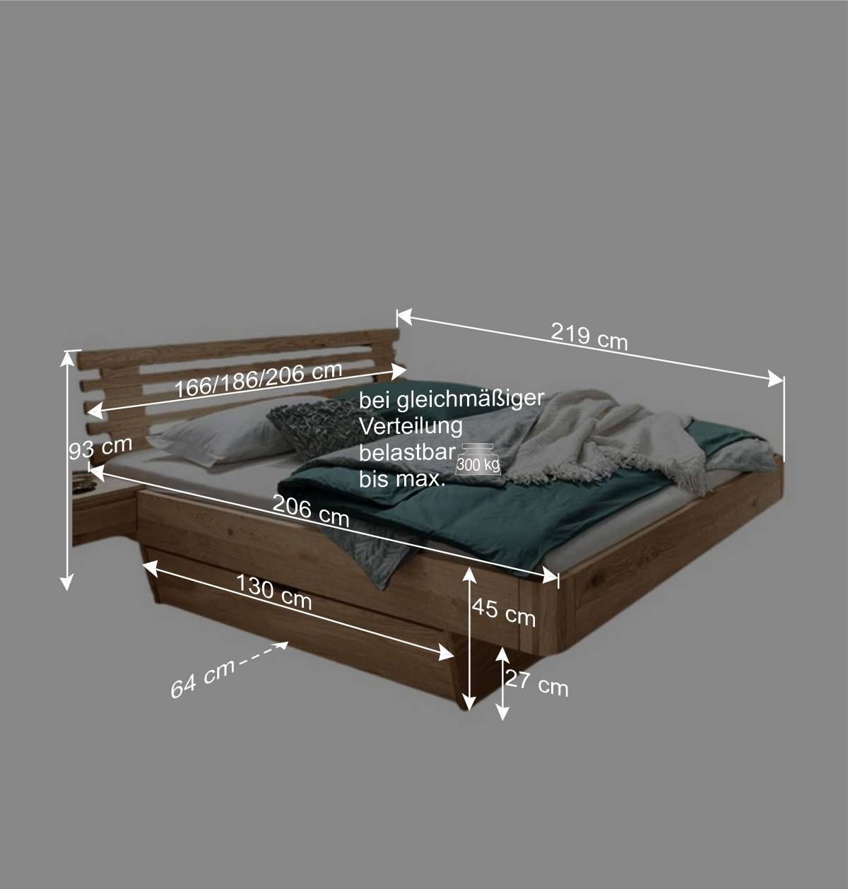 Bett mit zwei Bettkästen aus Wildeiche - Zennian (dreiteilig)