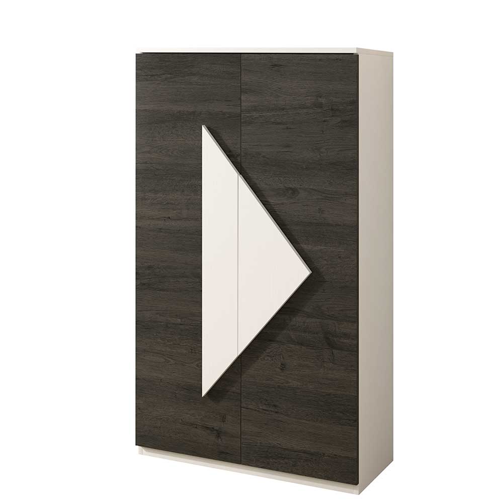 2-türiger Design Schuhschrank 74x128x34 cm in dunklem Holzdekor mit weißem Dreieck – Fredo