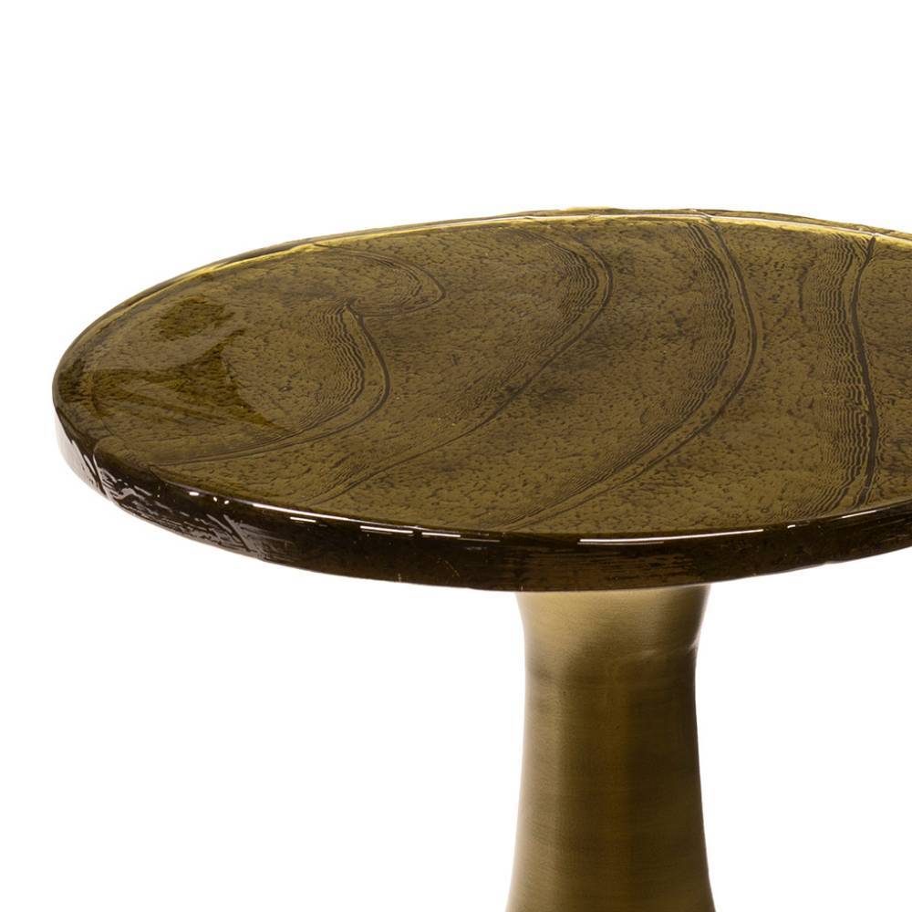 Design-Beistelltisch mit runder, olivegrüner Gussglasplatte und goldenem Metallfuß für das Wohnzimmer – Vianada