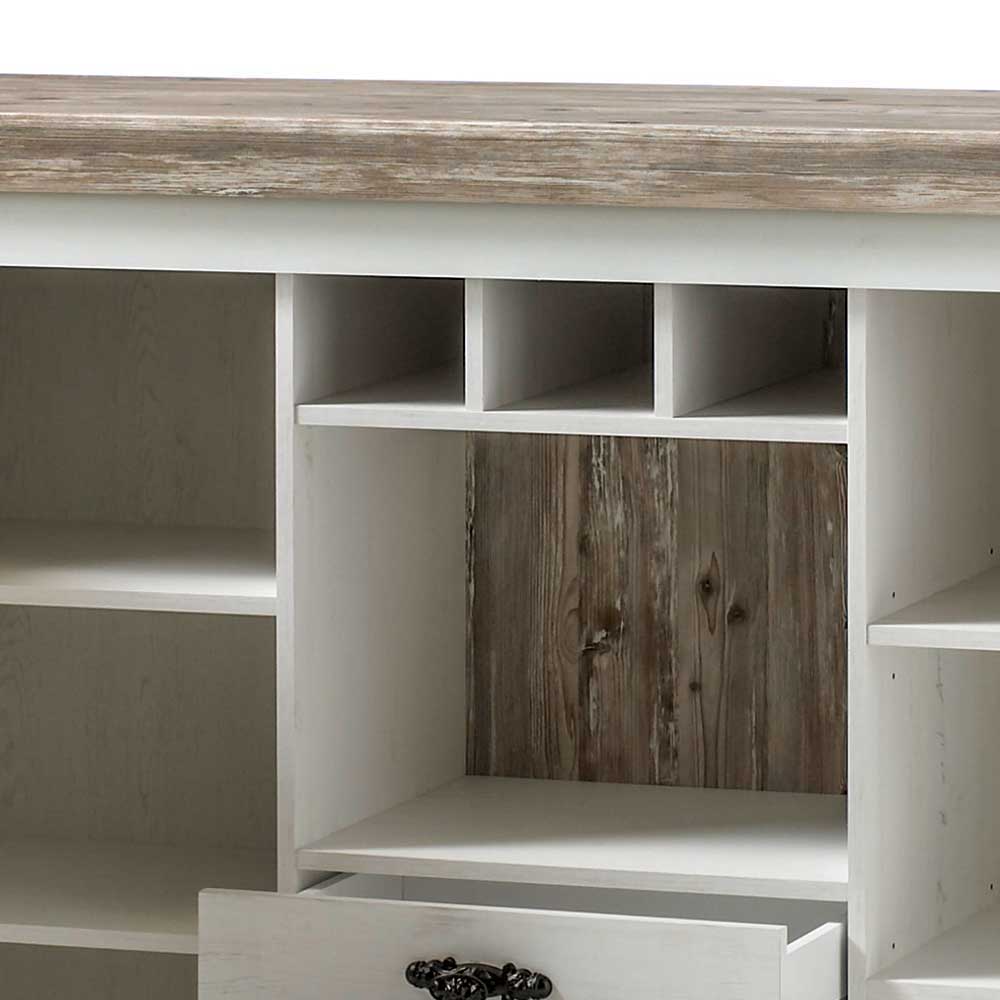 Landhaus Wohnmöbel Set mit Sideboard Nedita in Weiß mit Pinie Shabby (vierteilig)