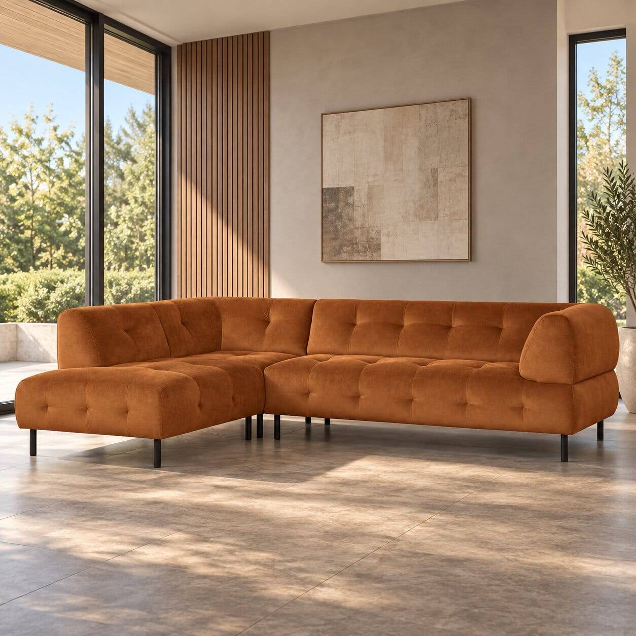 L-Form Couch in Hellbraun Samtbezug - Ulrike
