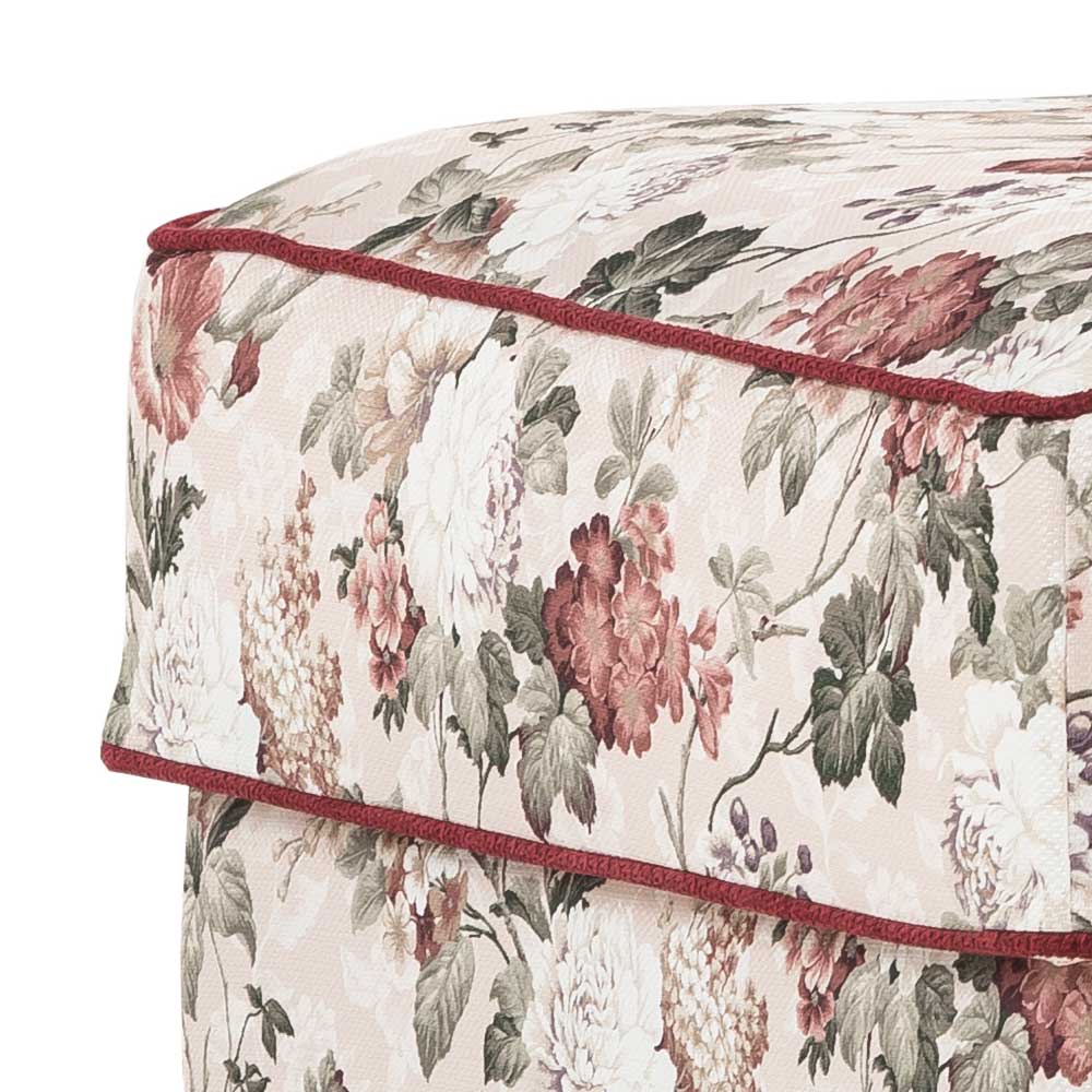 Landhaus Polsterhocker Stoffbezug mit Vintage Blumen Muster und roter Paspelierung – Baonga