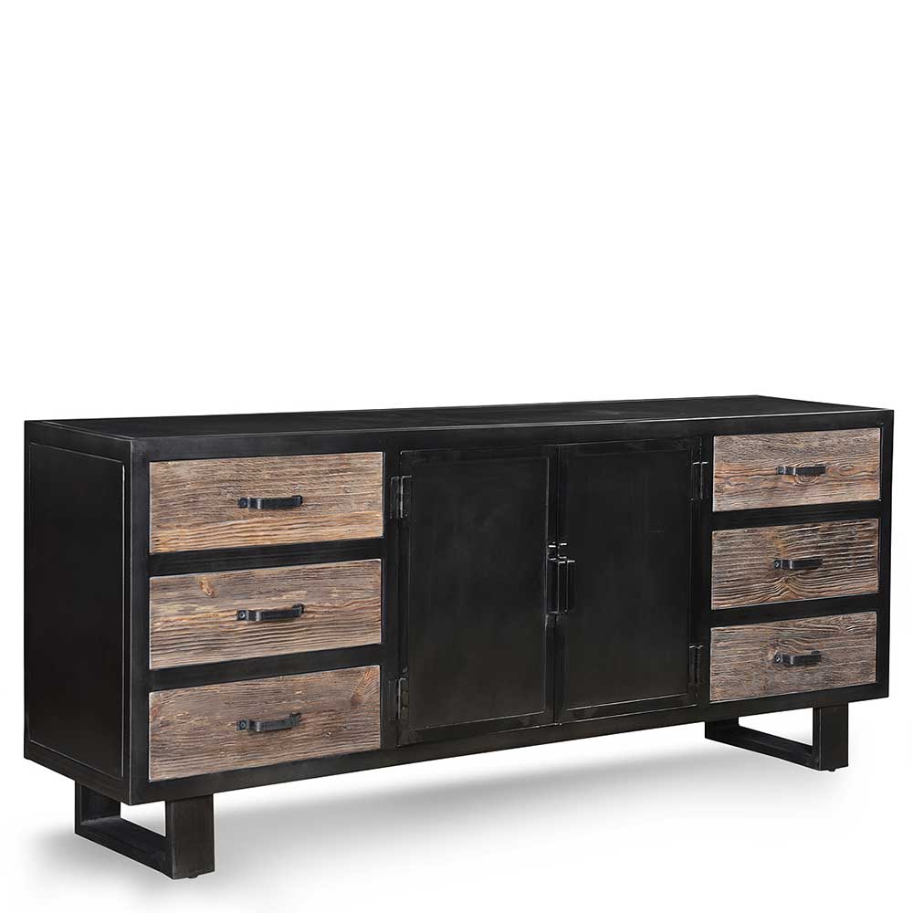 Industrielles Sideboard aus schwarzem Metall mit sechs Holzschubladen und zwei Flügeltüren – Vebugran