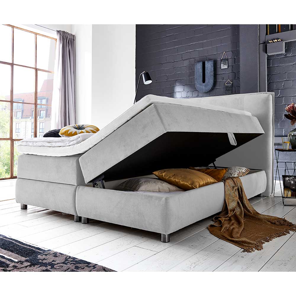 Hellgraues Boxspringbett mit Stauraum in 180x200 - Zita