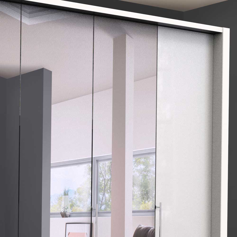 Obere Sektion des Falttürenschranks mit Spiegelfronten und Milchglas-Elementen im modernen Design – Dolienca