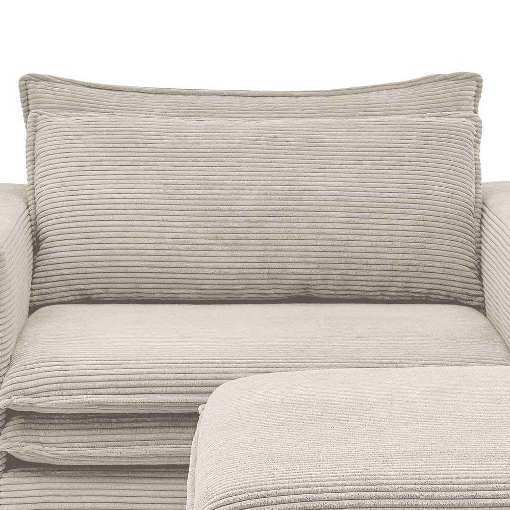 Detailansicht des beigen Cordbezugs von Sessel und Hocker, gerillte Textur – Jony