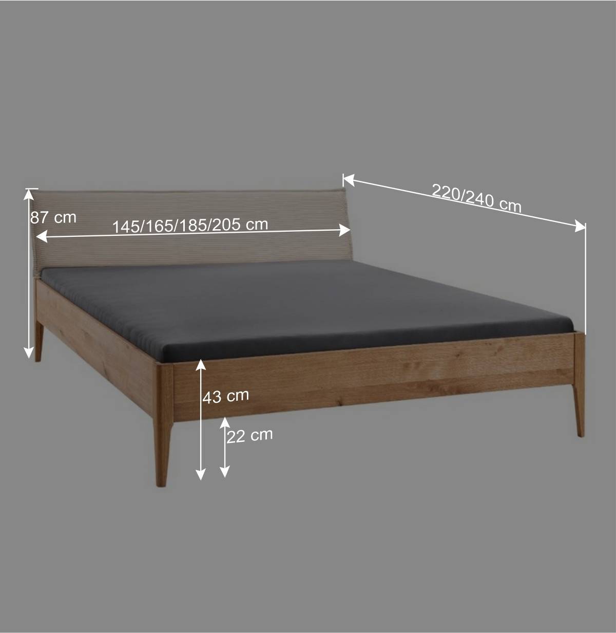 Wildeiche Holzbett mit Cord-Kopfteil - Babahira