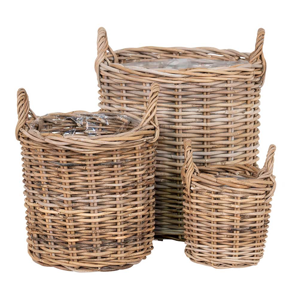 Drei Rattan Körbe im Set in verschiedenen Größen mit Griffen und Folienauskleidung – Ciosda