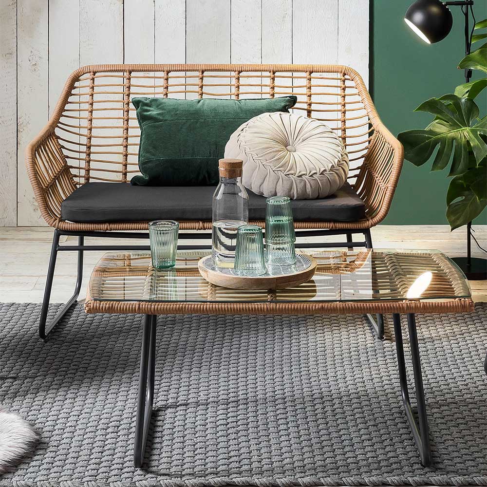Lounge Sitzgruppe aus Geflecht in Beige - Renzo (vierteilig)