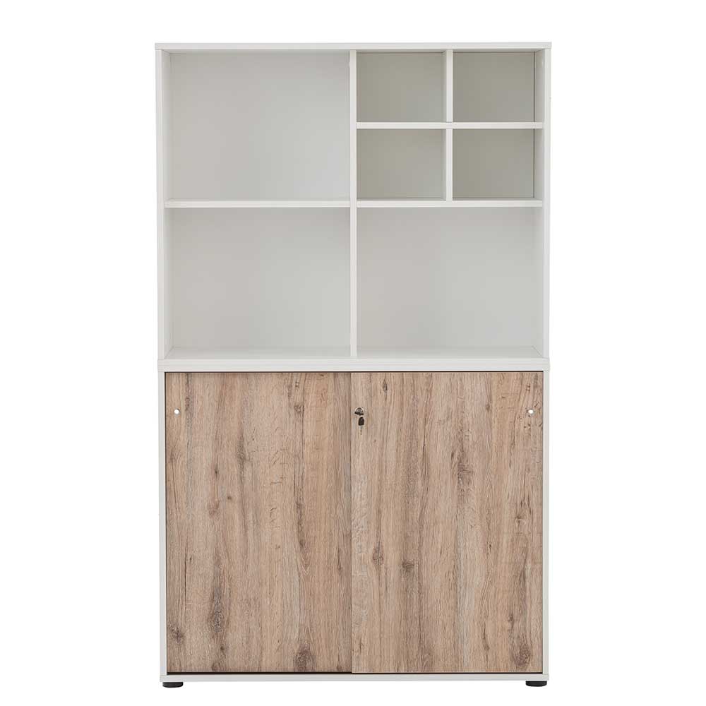 Weißer Büroschrank mit zwei Schiebetüren in Holzoptik und offenen Regalfächern – Laganzo