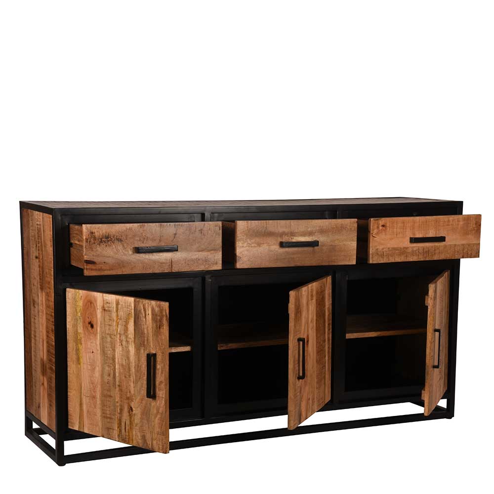 Industrial Sideboard aus massivem Mangoholz und schwarzem Metall mit offenen Schubladen und Türen – Piatrasun