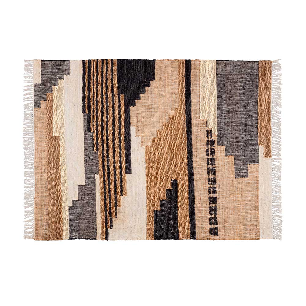 Rechteckiger Teppich in Ethno-Optik aus Jute mit geometrischem Muster und Fransen – Jesuisa