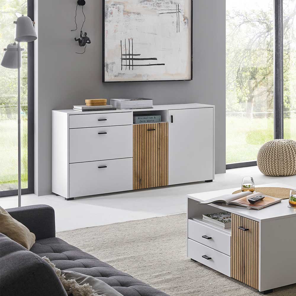 Design Sideboard in Mattweiß mit Wildeiche - Nenaloro