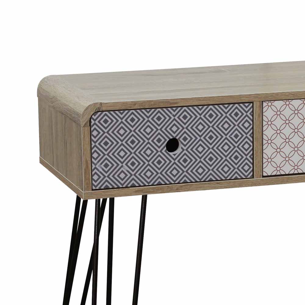 Konsolentisch mit einer Schublade in grauem Rautenmuster und schwarzen Hairpin-Beinen – Drondo