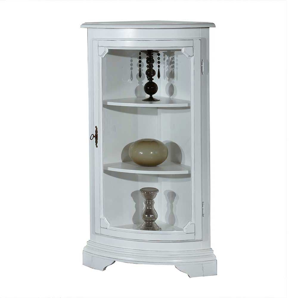 Elegante weiße 1-türige Vintage Eckvitrine 112 cm hoch mit Glas und drei Ablagen – Zarinas