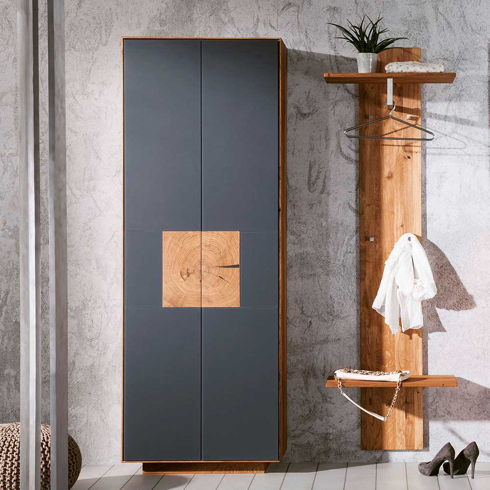 Zweiteiliges Flur-Möbel Set aus Wildeiche Anthrazit, mit Garderobenschrank und Wandgarderobe – Mandrey