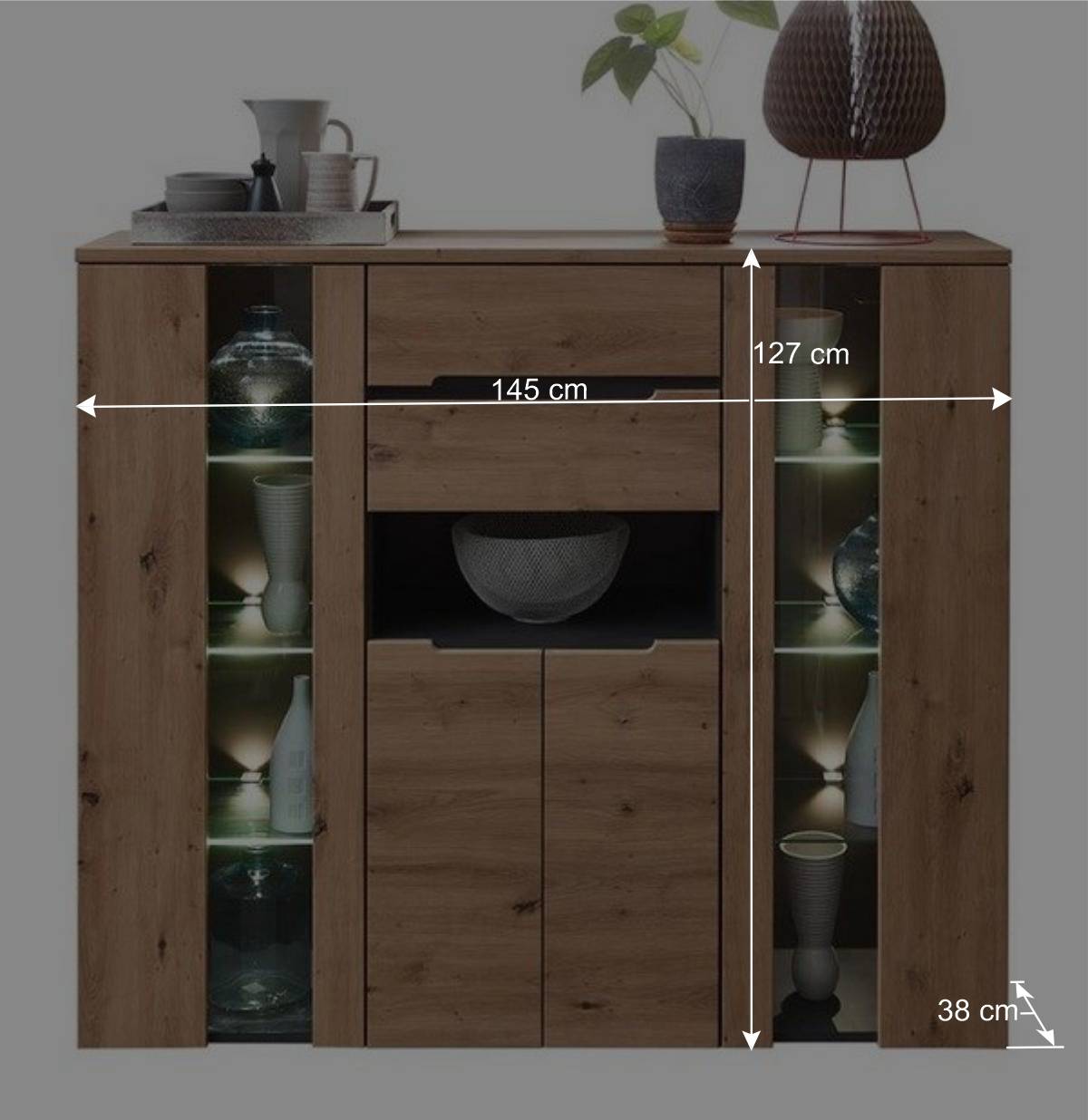 Highboard mit Glas & LED Licht - Kuetra