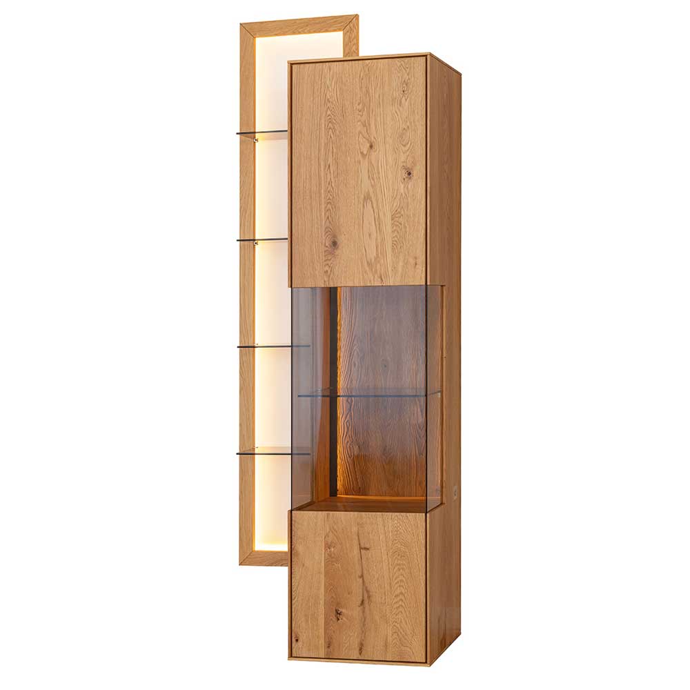 Moderne hängende Vitrine mit beleuchteter Glasfront und offenem Holzregal – Cocondar