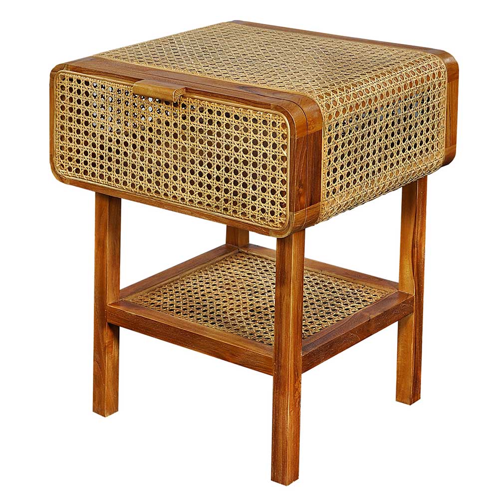 Teak Holz Nachtkommode mit Wiener Geflecht - Teako