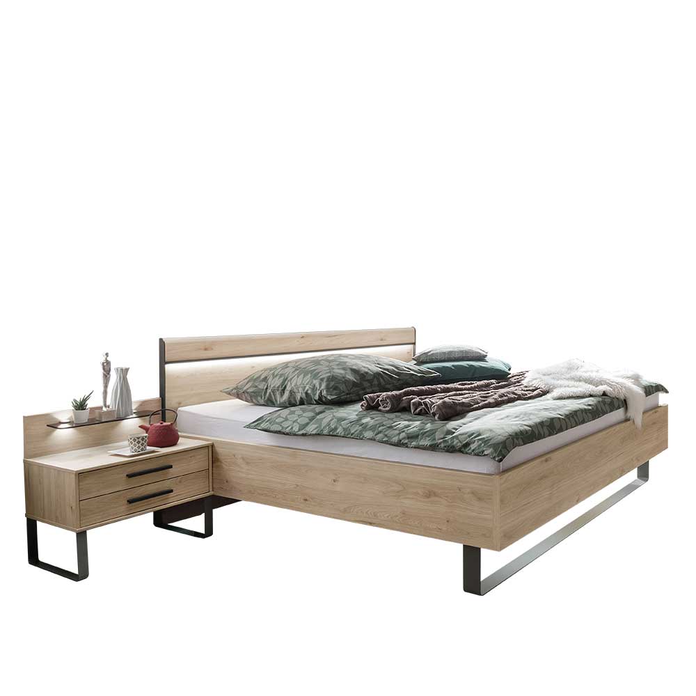 Dreiteiliges Bett Set mit Holzrahmen, LED Beleuchtung und Nachttisch – Licruva