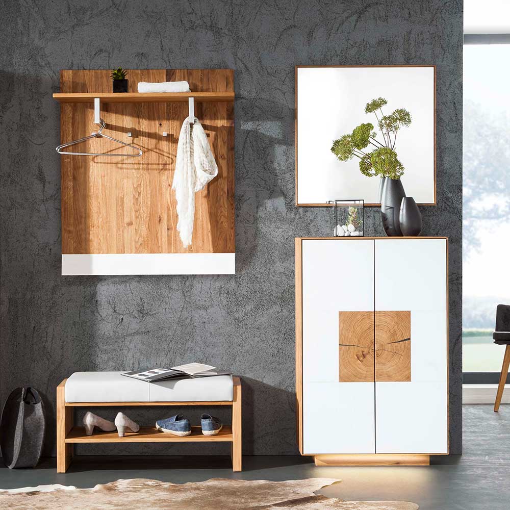 Vierteiliges Flurmöbel Set Mandrey aus Holz und weißen Akzenten mit Garderobe, Sitzbank, Spiegel und Schuhschrank – Mandrey