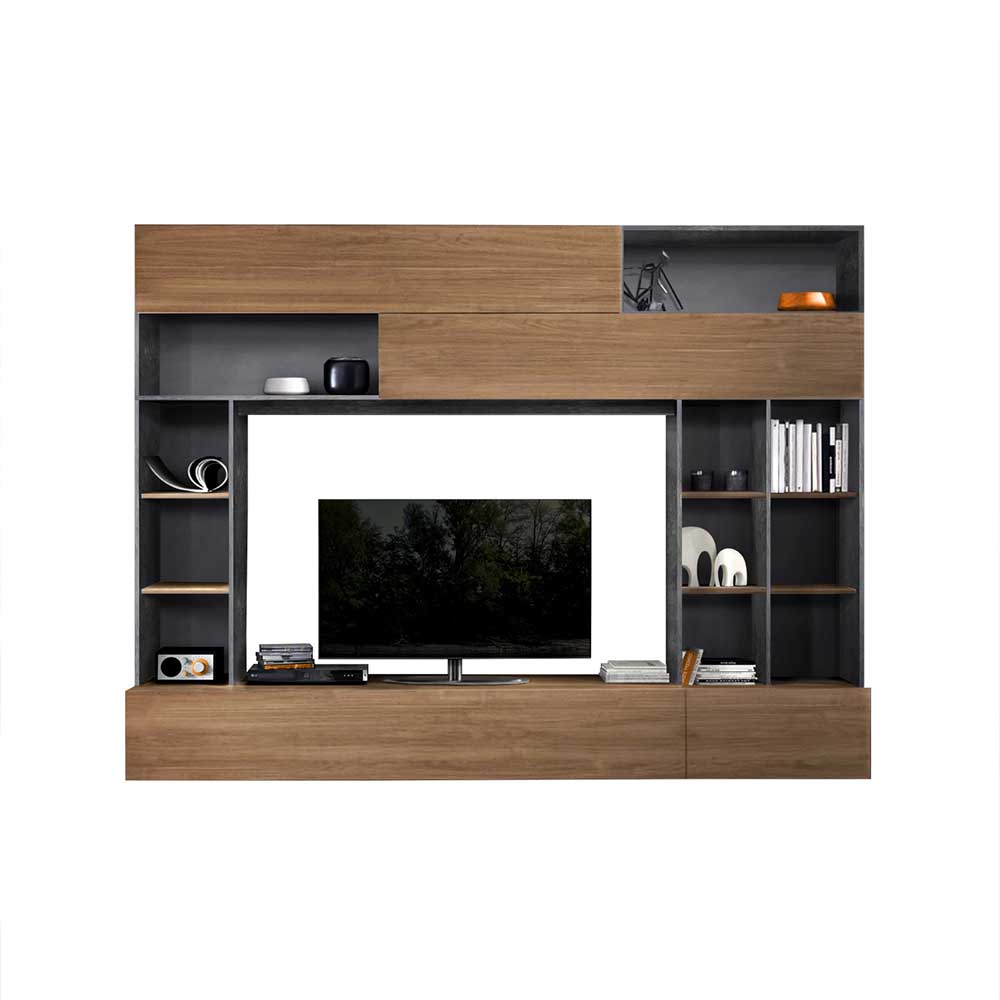 Elegante Wohnwand in Nussbaum und Grau mit integriertem TV-Bereich und Ablageflächen – Niels