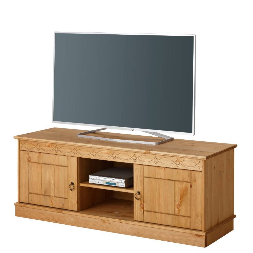 Kiefernholz TV-Board im Landhausstil mit Fernseher und Mediengeräten – Goro