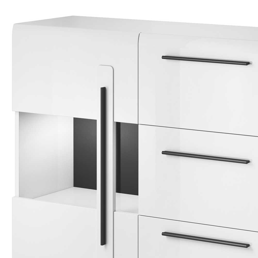 Weißes Hochglanz Sideboard mit drei Schubladen, schwarzem Griff an der Glastür und geschlossenen Fächern – Baranoma