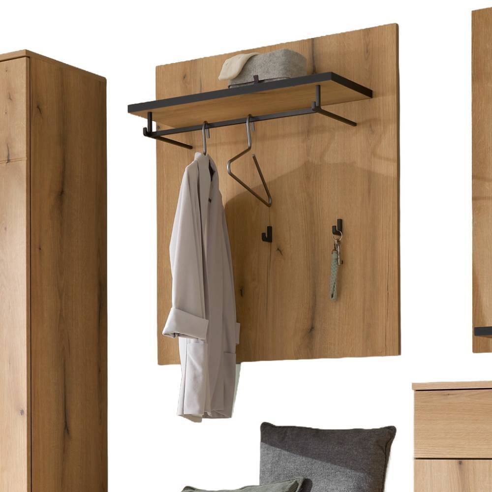 Wandpaneel Garderobe mit Hutablage, Kleiderstange und Haken in Eiche-Nachbildung – Moviess