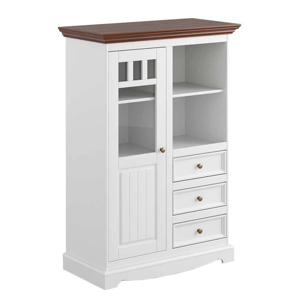 Landhaus Highboard in Weiß und Nussbaum Braun - Manipur