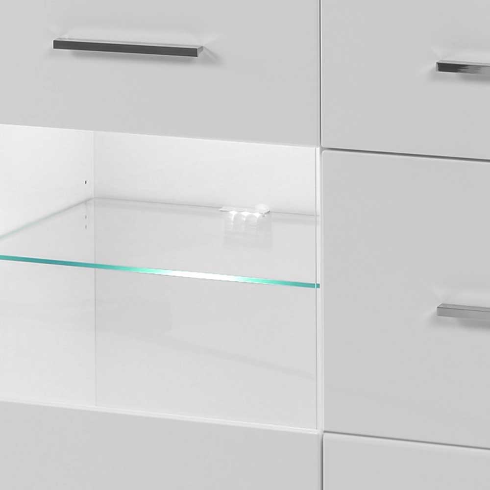 3-türiges Sideboard in Hochglanz Weiß & Glas Yulis mit 2 Schubladen