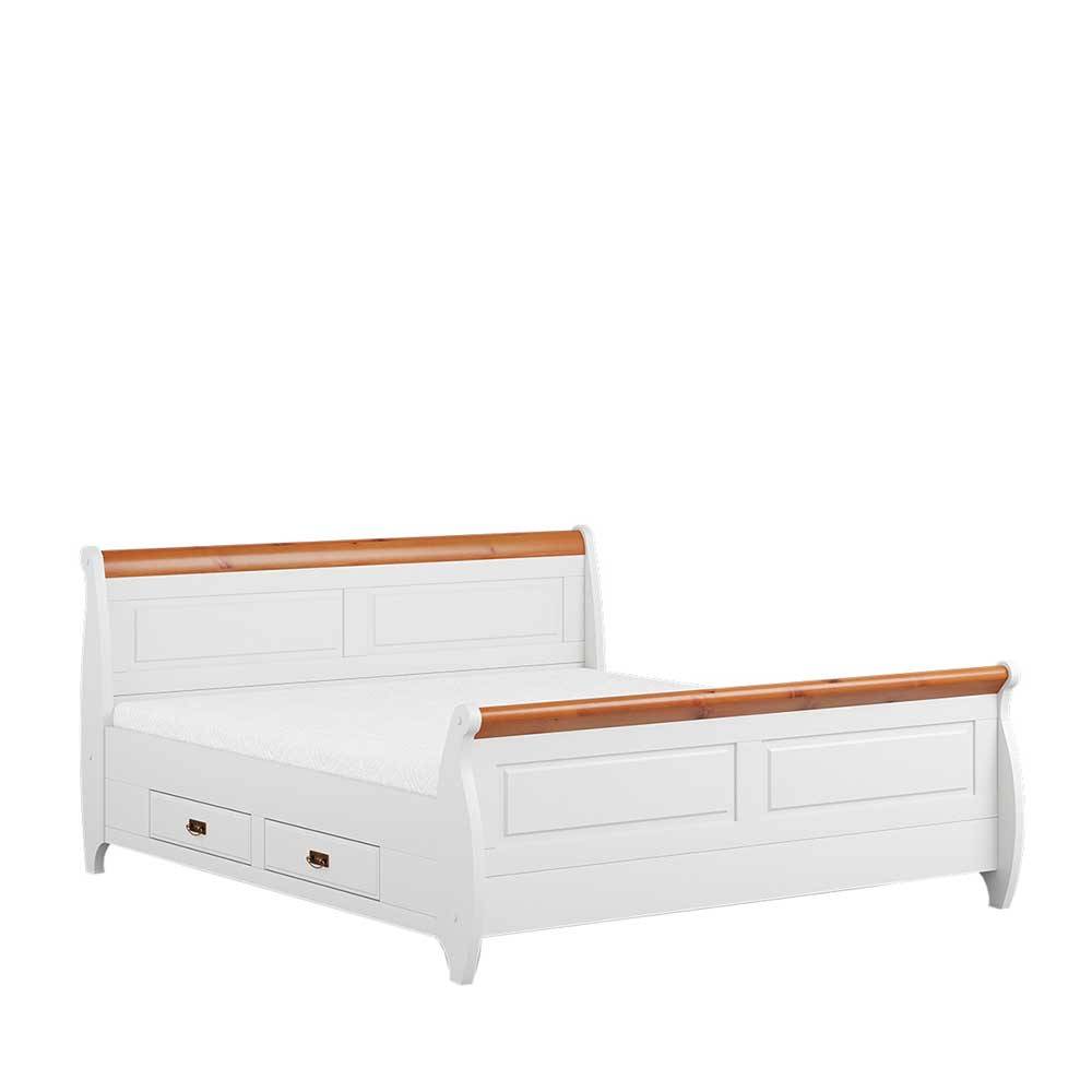 Landhausbett mit Schubladen in Weiß und Kiefer - Varicano