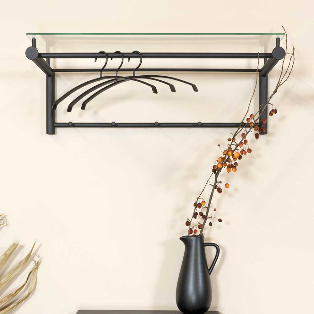 Schwarze Hängegarderobe aus Metall mit Glas Hutablage und Kleiderstange für den Flur – Ifragon
