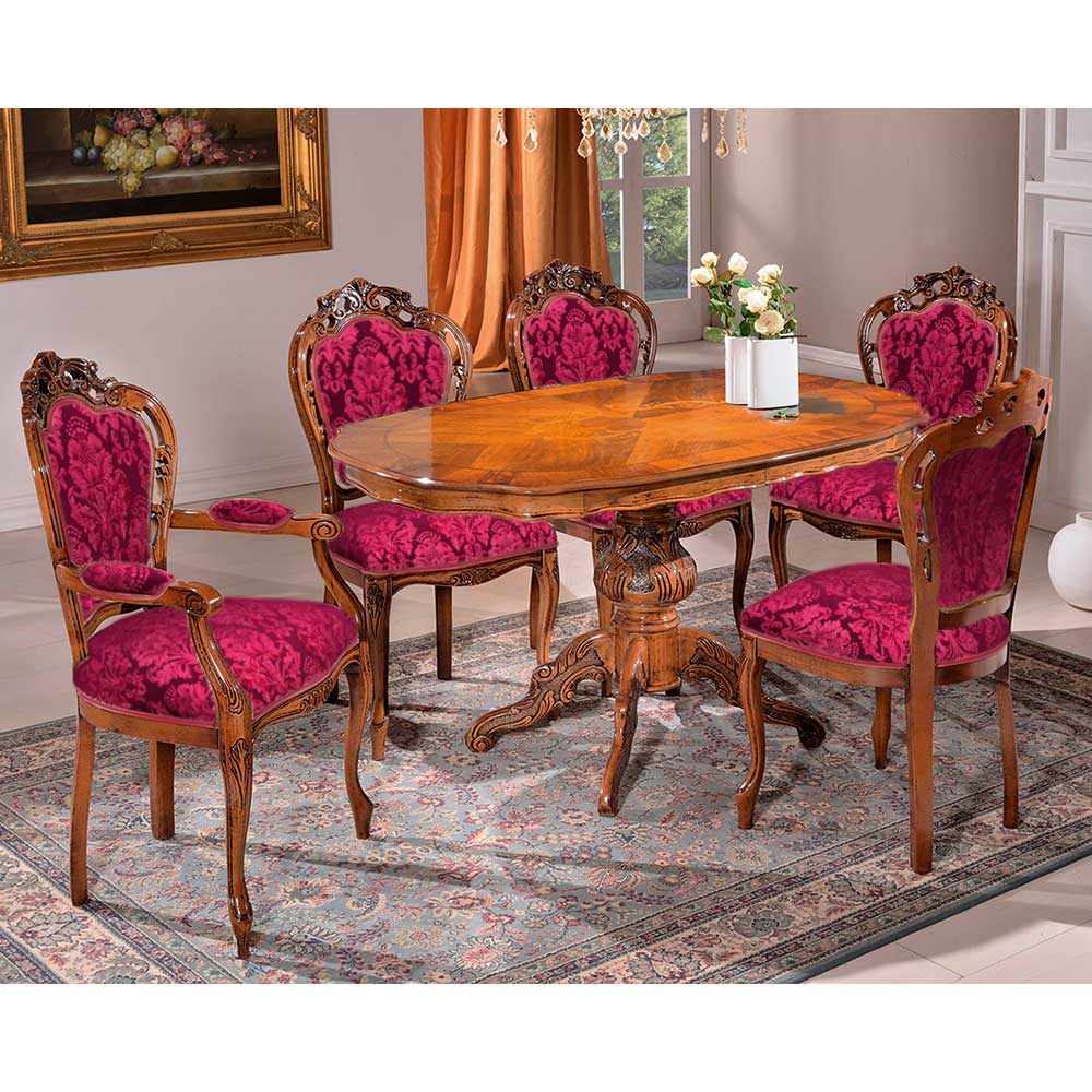 Barocker Armlehnstuhl aus Holz mit rotem Damastbezug im eleganten Esszimmer Ambiente – Ursanna