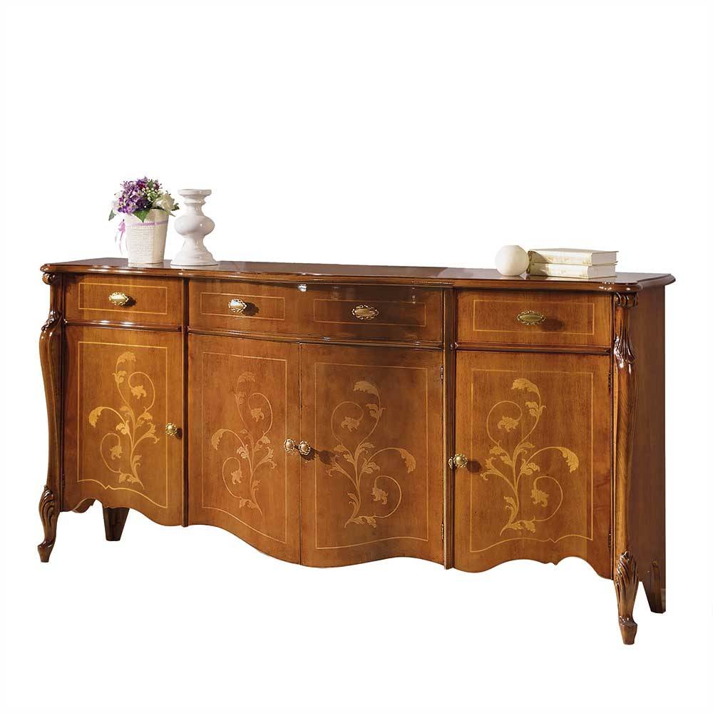 Klassisches Sideboard aus Nussbaumholz mit elegantem Ranken Dekor und vier Türen für Esszimmer – Carlenna